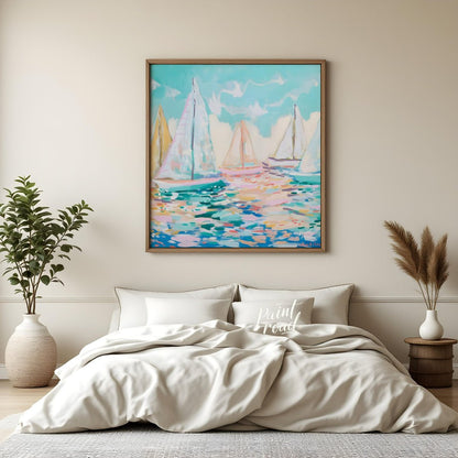 This serene painting captures the beauty of sailboats gliding across a tranquil sea. The artist emp… for bedroom