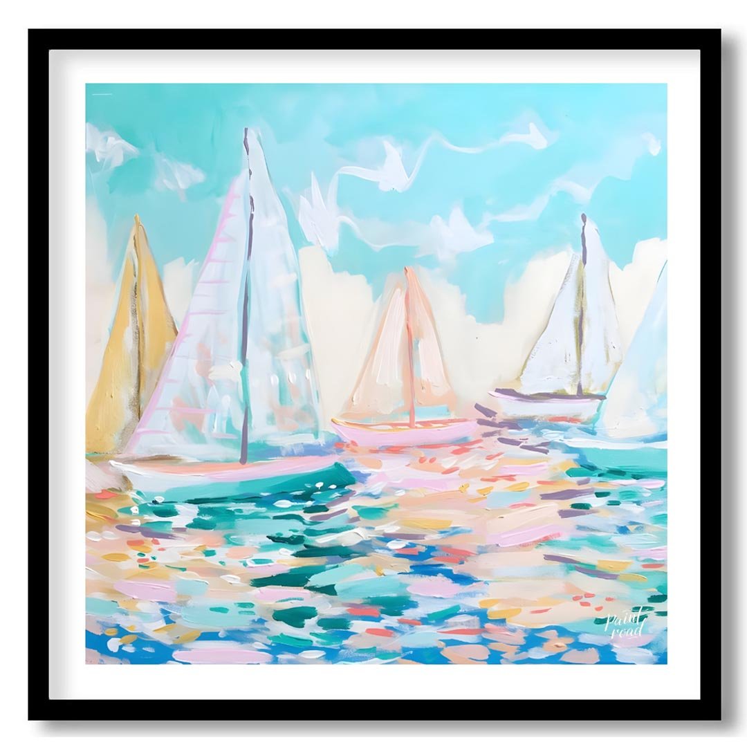 This serene painting captures the beauty of sailboats gliding across a tranquil sea. The artist emp… for home