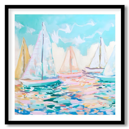 This serene painting captures the beauty of sailboats gliding across a tranquil sea. The artist emp… for home