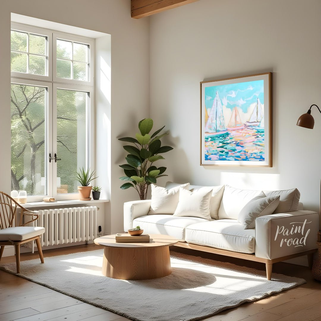This serene painting captures the beauty of sailboats gliding across a tranquil sea. The artist emp… for living room