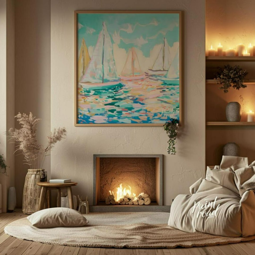 This serene painting captures the beauty of sailboats gliding across a tranquil sea. The artist emp… for living room
