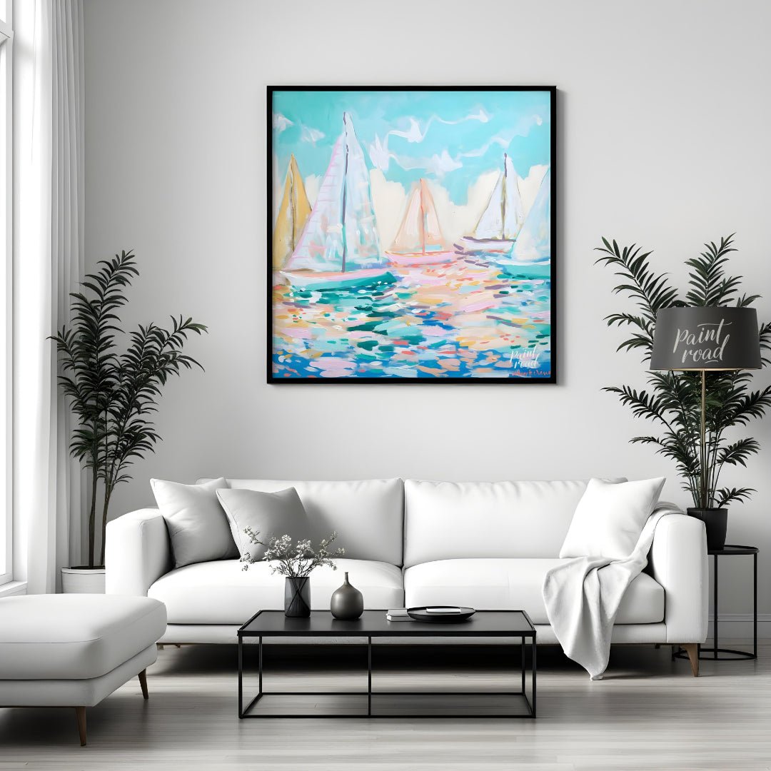This serene painting captures the beauty of sailboats gliding across a tranquil sea. The artist emp… for living room