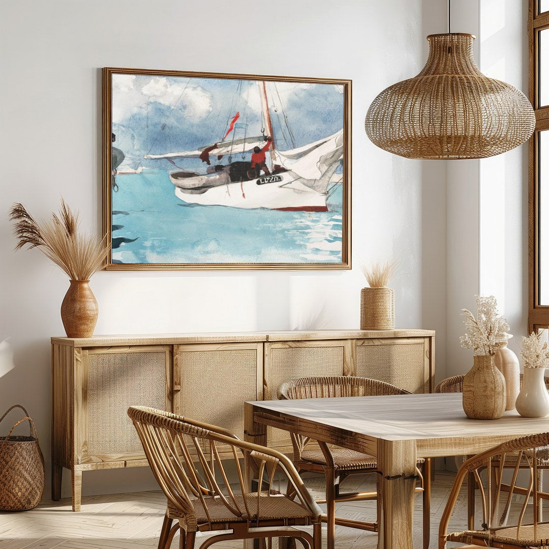 This captivating watercolor painting depicts a serene sailing scene, evoking a sense of adventure for Dining