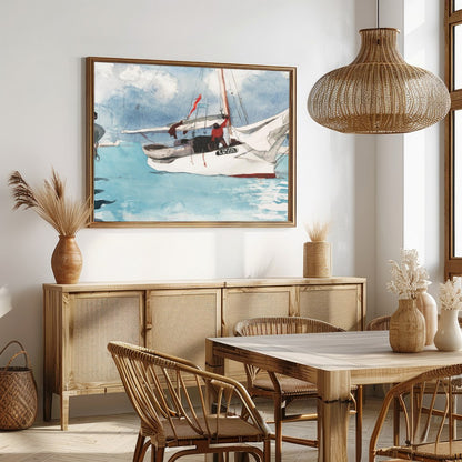 This captivating watercolor painting depicts a serene sailing scene, evoking a sense of adventure for Dining