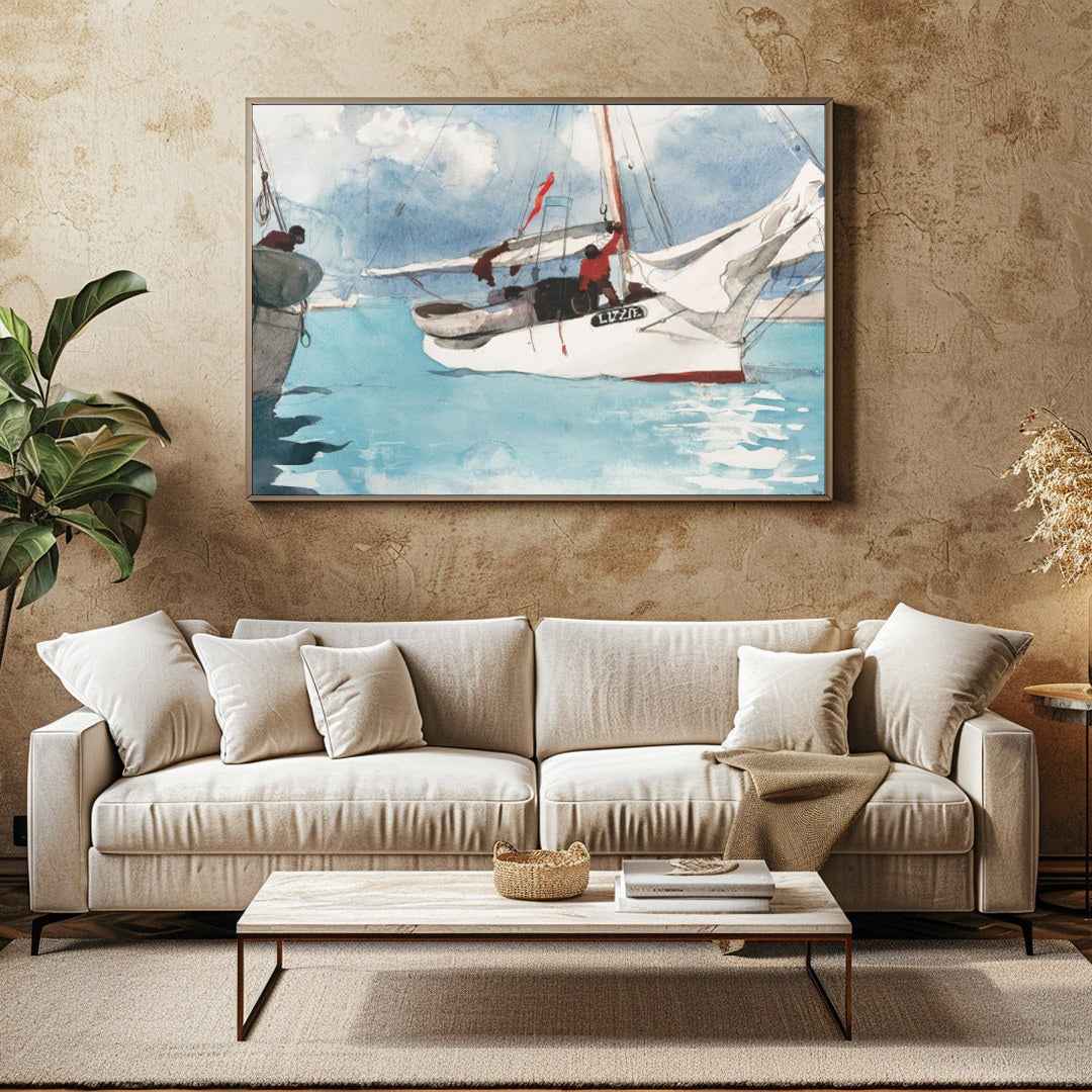 This captivating watercolor painting depicts a serene sailing scene, evoking a sense of adventure for Family Room