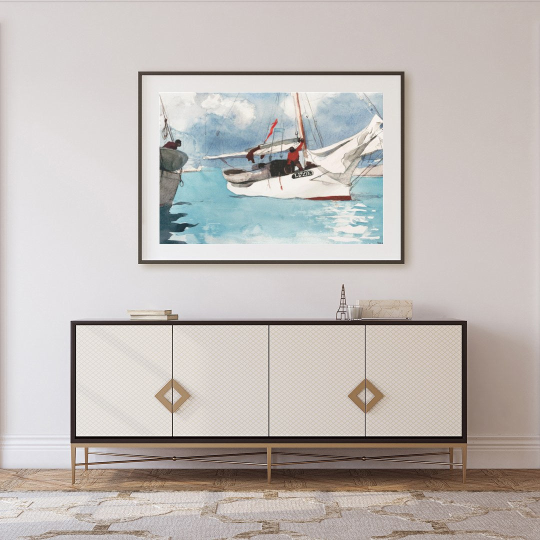 This captivating watercolor painting depicts a serene sailing scene, evoking a sense of adventure for Foyer