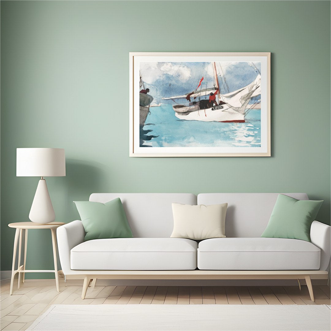 This captivating watercolor painting depicts a serene sailing scene, evoking a sense of adventure for Hall