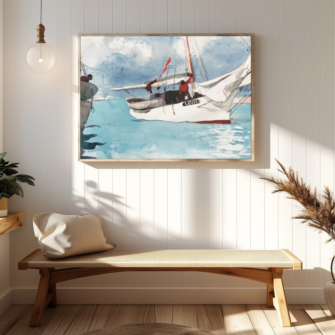 This captivating watercolor painting depicts a serene sailing scene, evoking a sense of adventure for Hallway