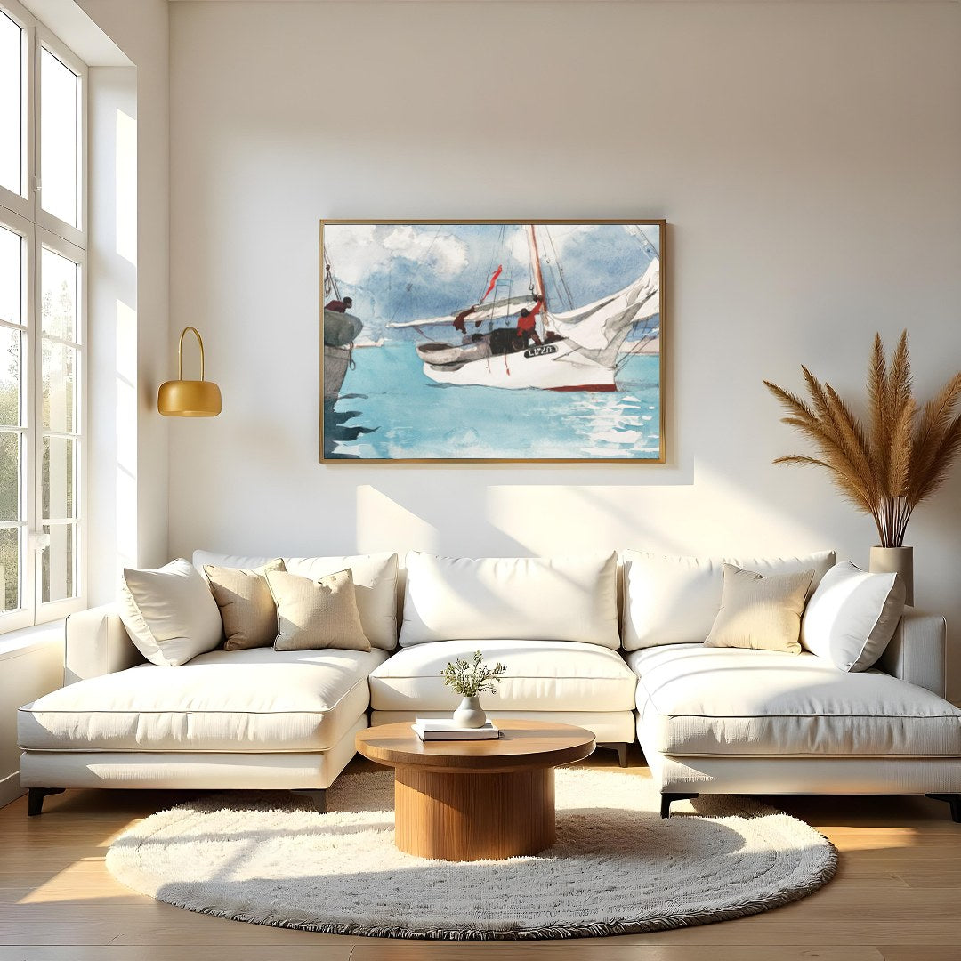 This captivating watercolor painting depicts a serene sailing scene, evoking a sense of adventure for Living Room