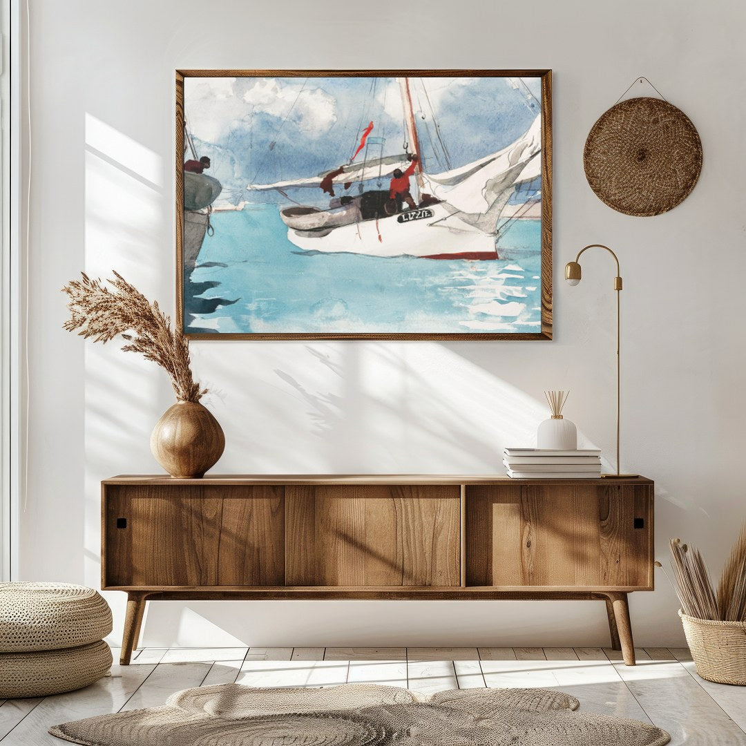 This captivating watercolor painting depicts a serene sailing scene, evoking a sense of adventure for Sitting Area