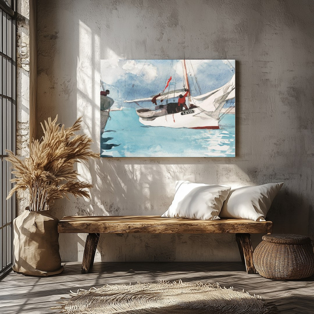 This captivating watercolor painting depicts a serene sailing scene, evoking a sense of adventure for Veranda