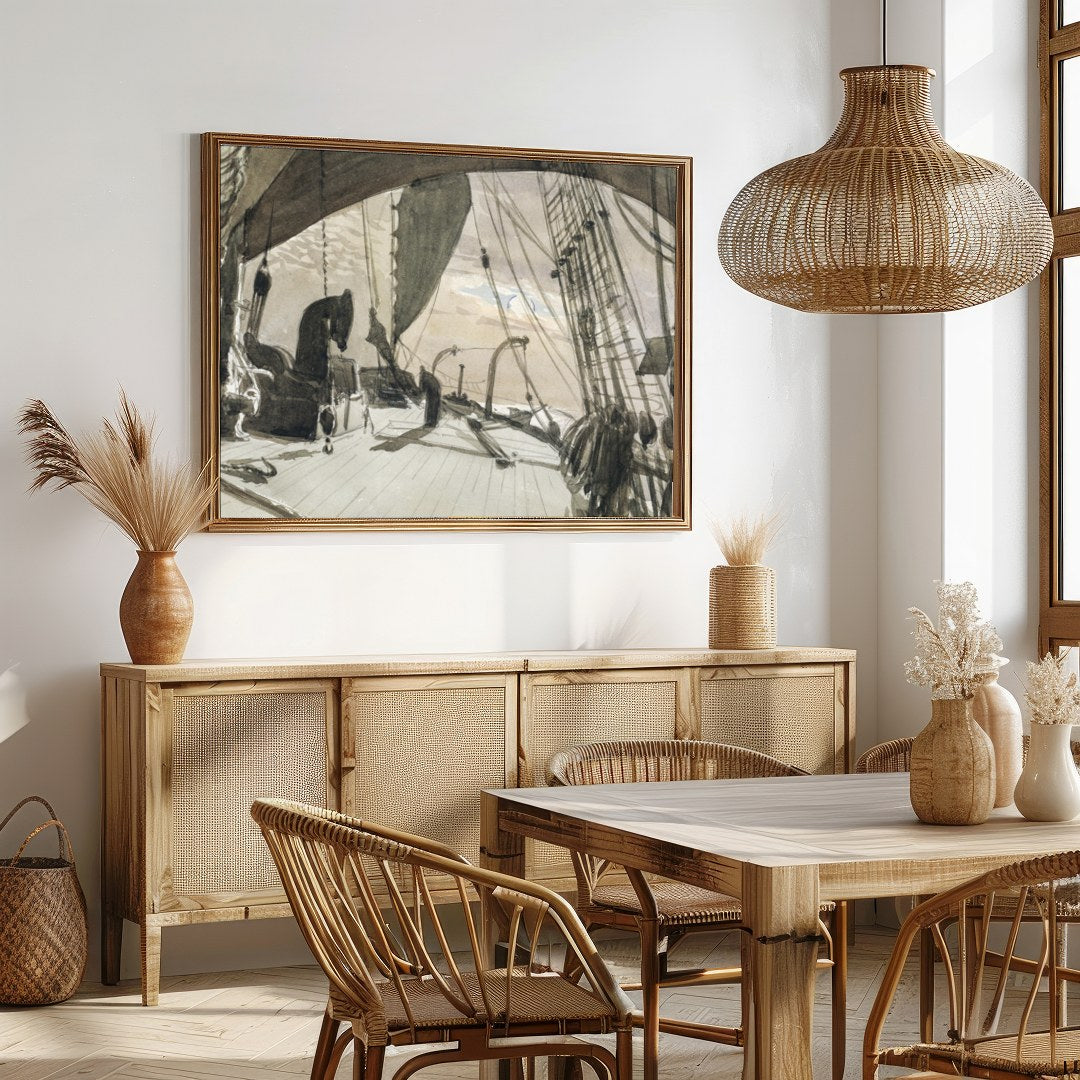 Capture the timeless beauty of maritime adventure with this detailed nautical sketch. The sepia for Dining