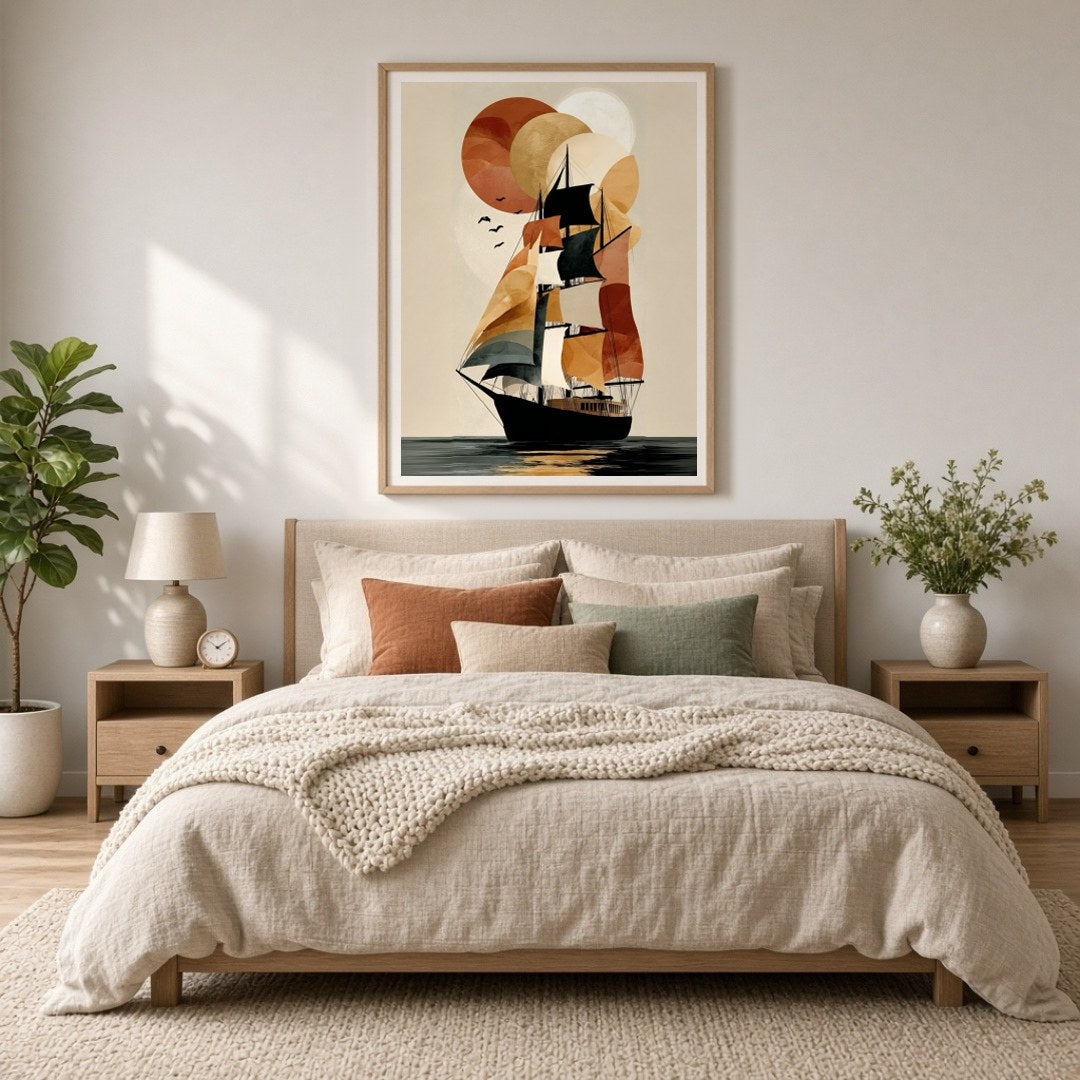 Embrace the elegance of exploration with this striking nautical art piece. A tall ship sails for Bedroom