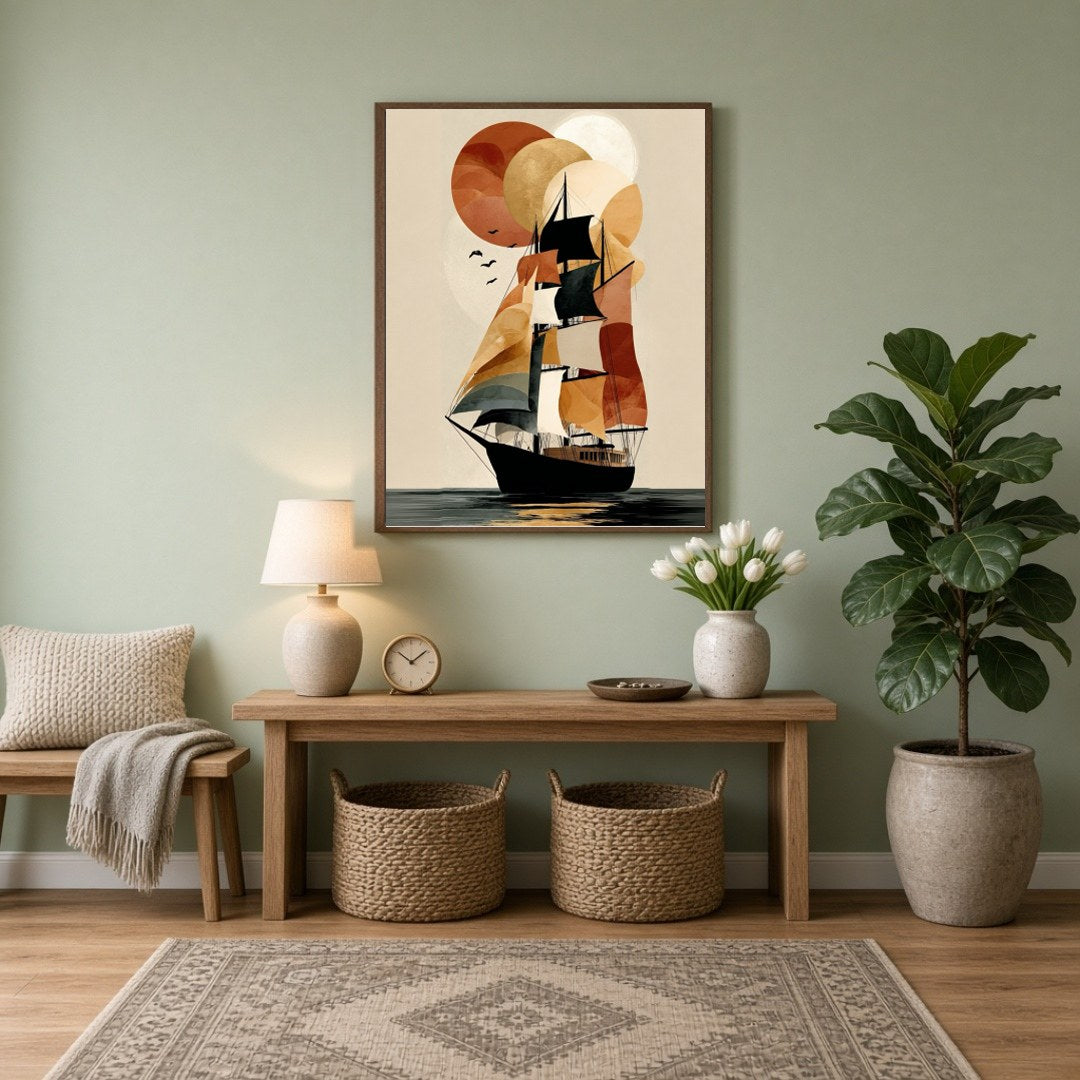 Embrace the elegance of exploration with this striking nautical art piece. A tall ship sails for Entrance
