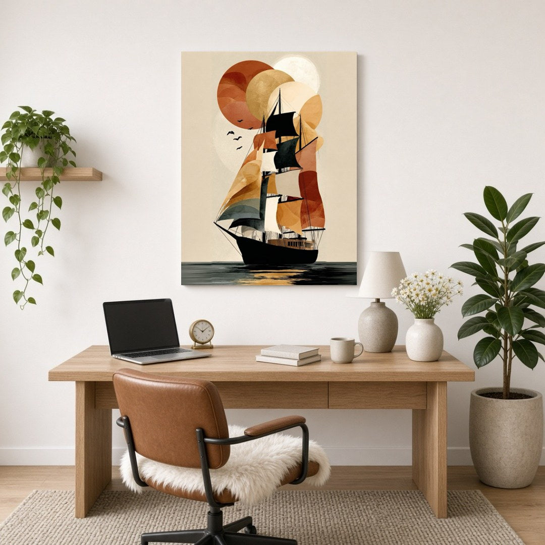 Embrace the elegance of exploration with this striking nautical art piece. A tall ship sails for Home Office