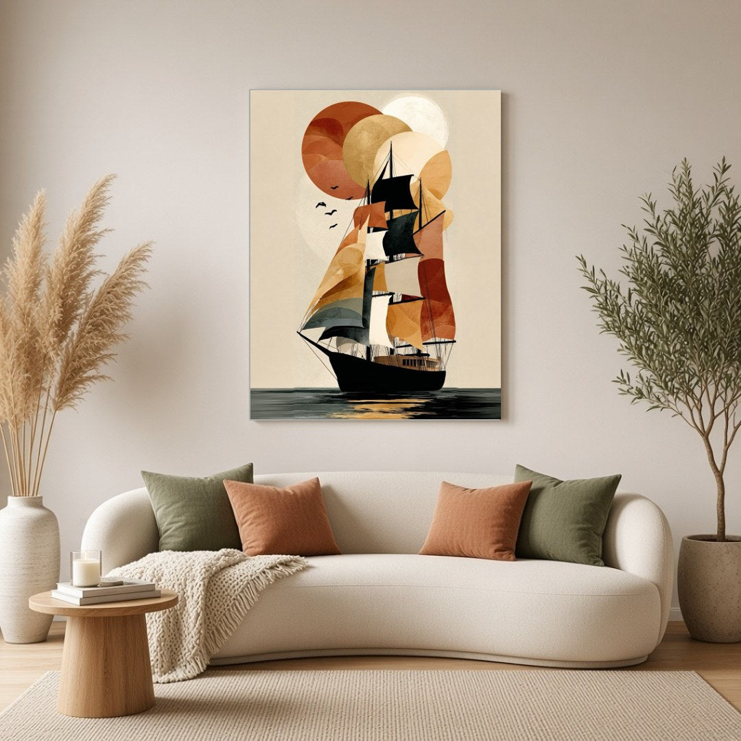 Embrace the elegance of exploration with this striking nautical art piece. A tall ship sails for Living Room