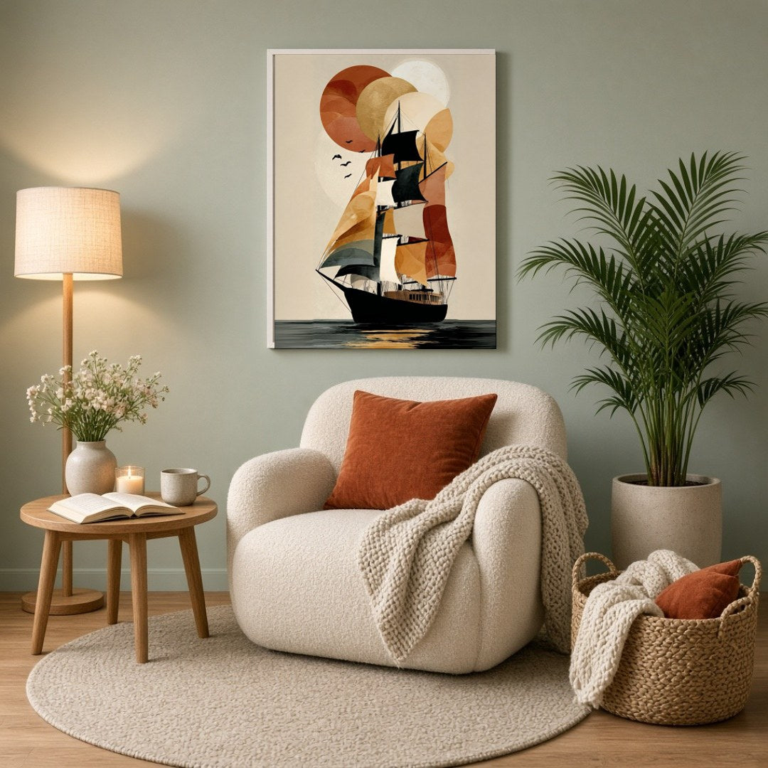 Embrace the elegance of exploration with this striking nautical art piece. A tall ship sails for Reading Nook