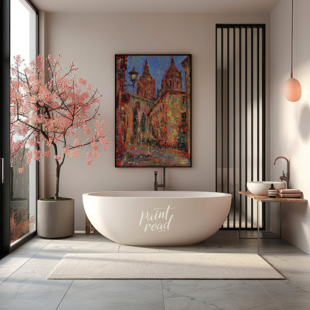 This painting captures a vibrant street scene in Salamanca, featuring the iconic spires of the city… for bathroom