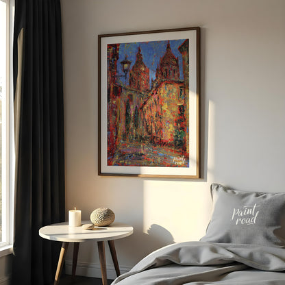 This painting captures a vibrant street scene in Salamanca, featuring the iconic spires of the city… for bedroom