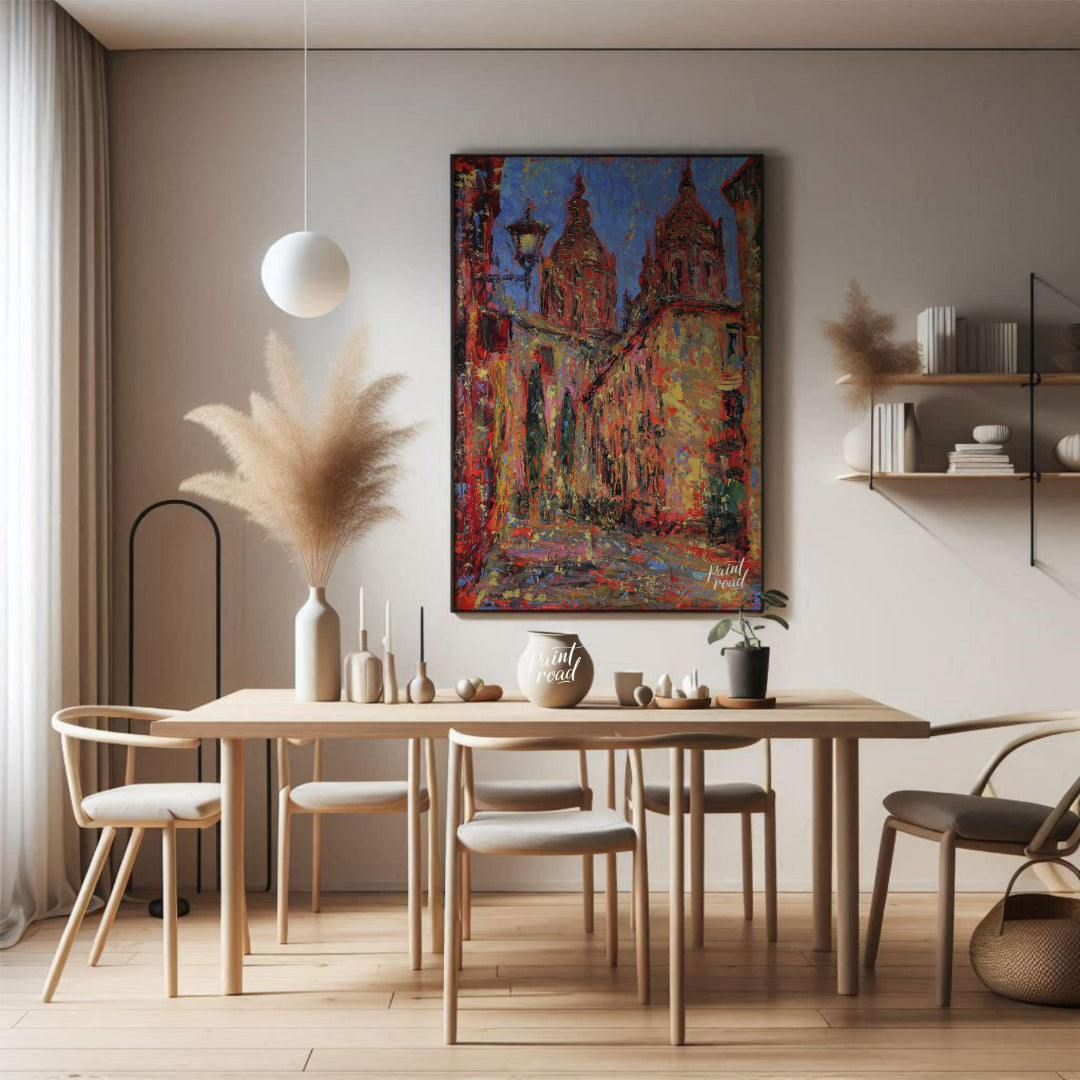 This painting captures a vibrant street scene in Salamanca, featuring the iconic spires of the city… for dining room