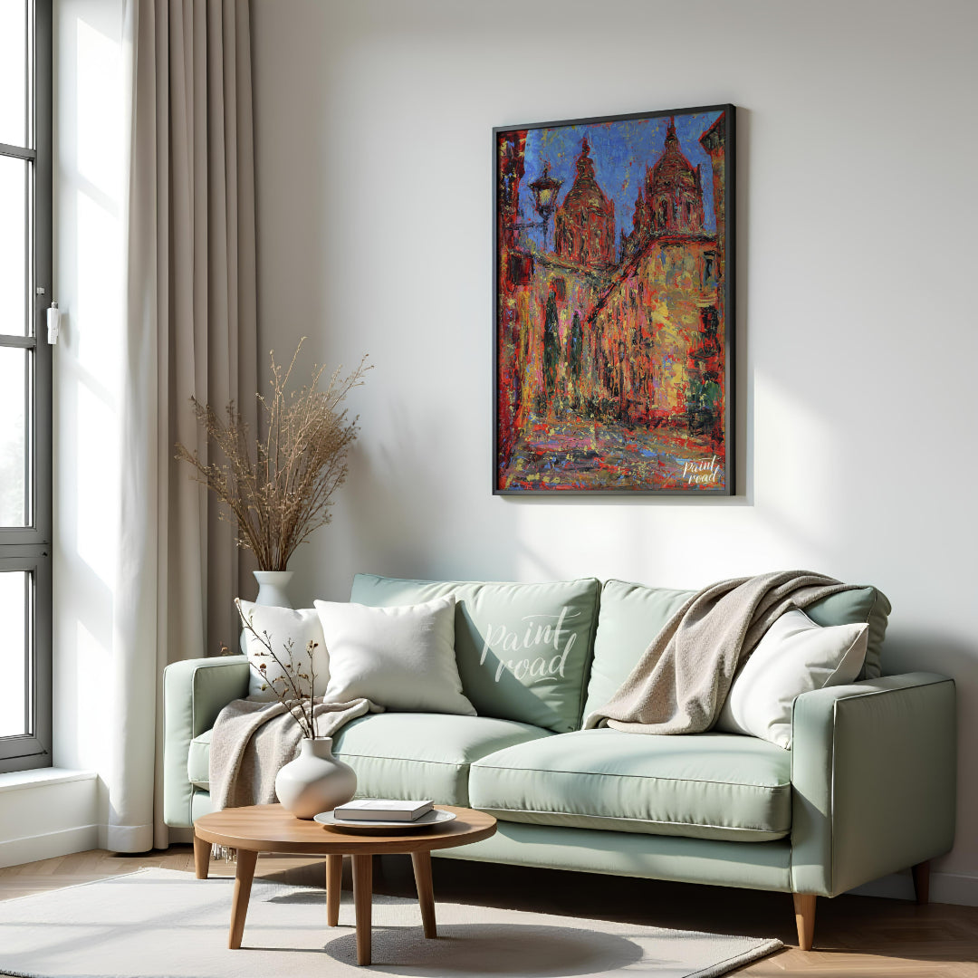 This painting captures a vibrant street scene in Salamanca, featuring the iconic spires of the city… for living room