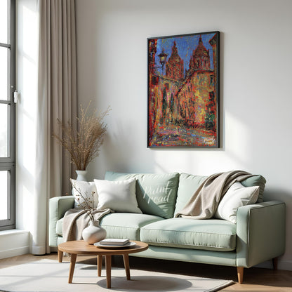 This painting captures a vibrant street scene in Salamanca, featuring the iconic spires of the city… for living room
