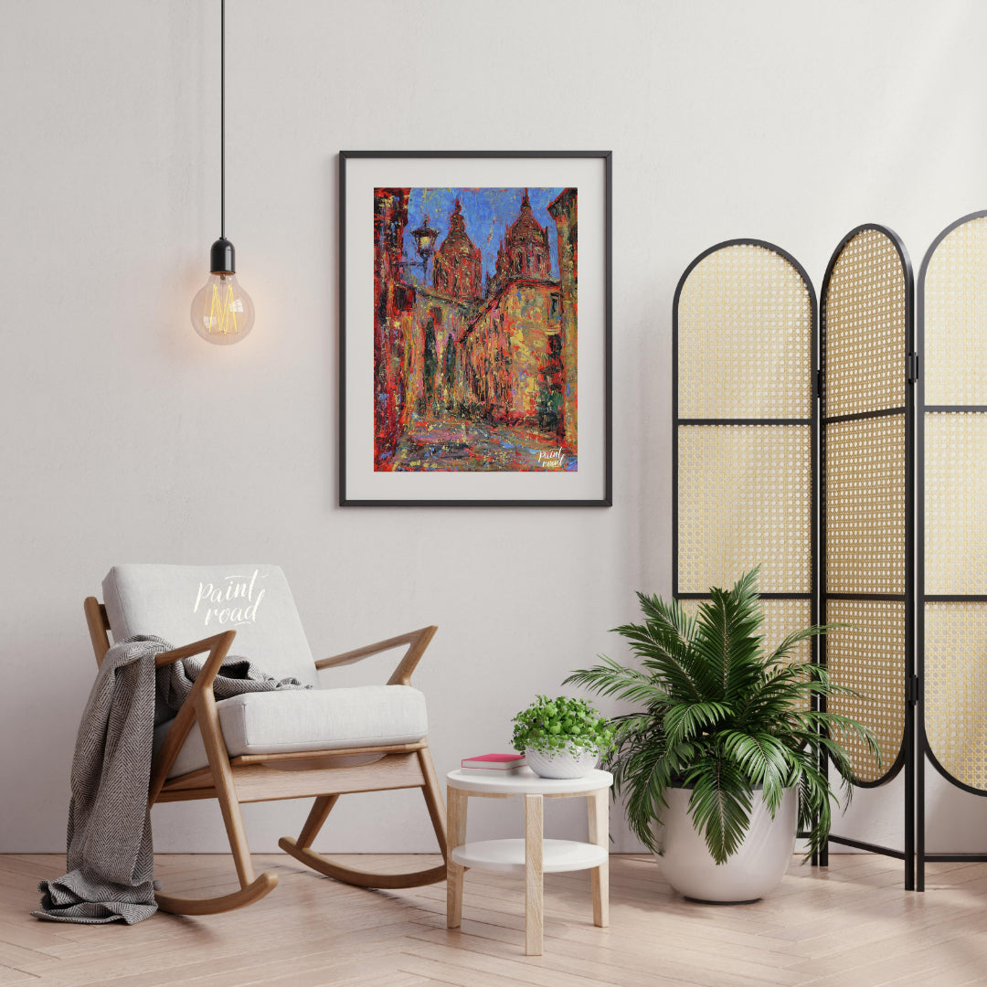 This painting captures a vibrant street scene in Salamanca, featuring the iconic spires of the city… for living room