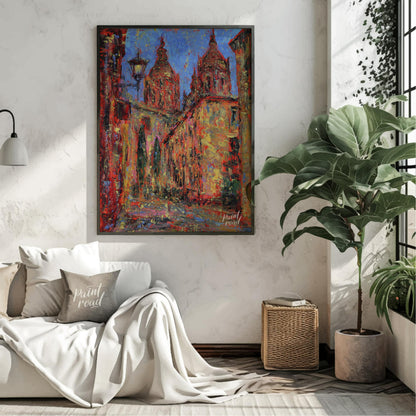 This painting captures a vibrant street scene in Salamanca, featuring the iconic spires of the city… for living room