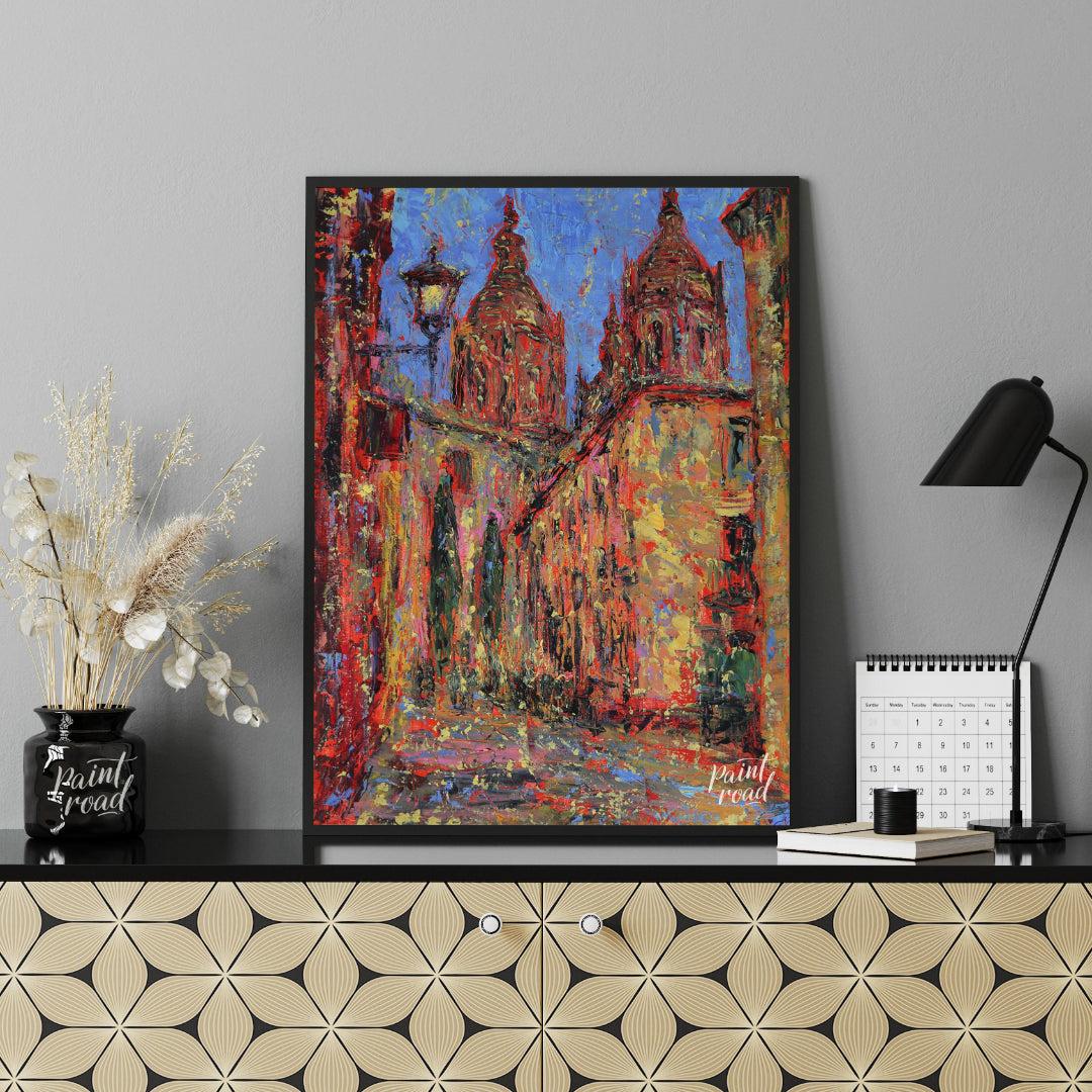 This painting captures a vibrant street scene in Salamanca, featuring the iconic spires of the city… for office