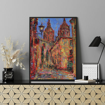 This painting captures a vibrant street scene in Salamanca, featuring the iconic spires of the city… for office