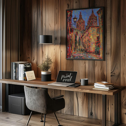 This painting captures a vibrant street scene in Salamanca, featuring the iconic spires of the city… for office