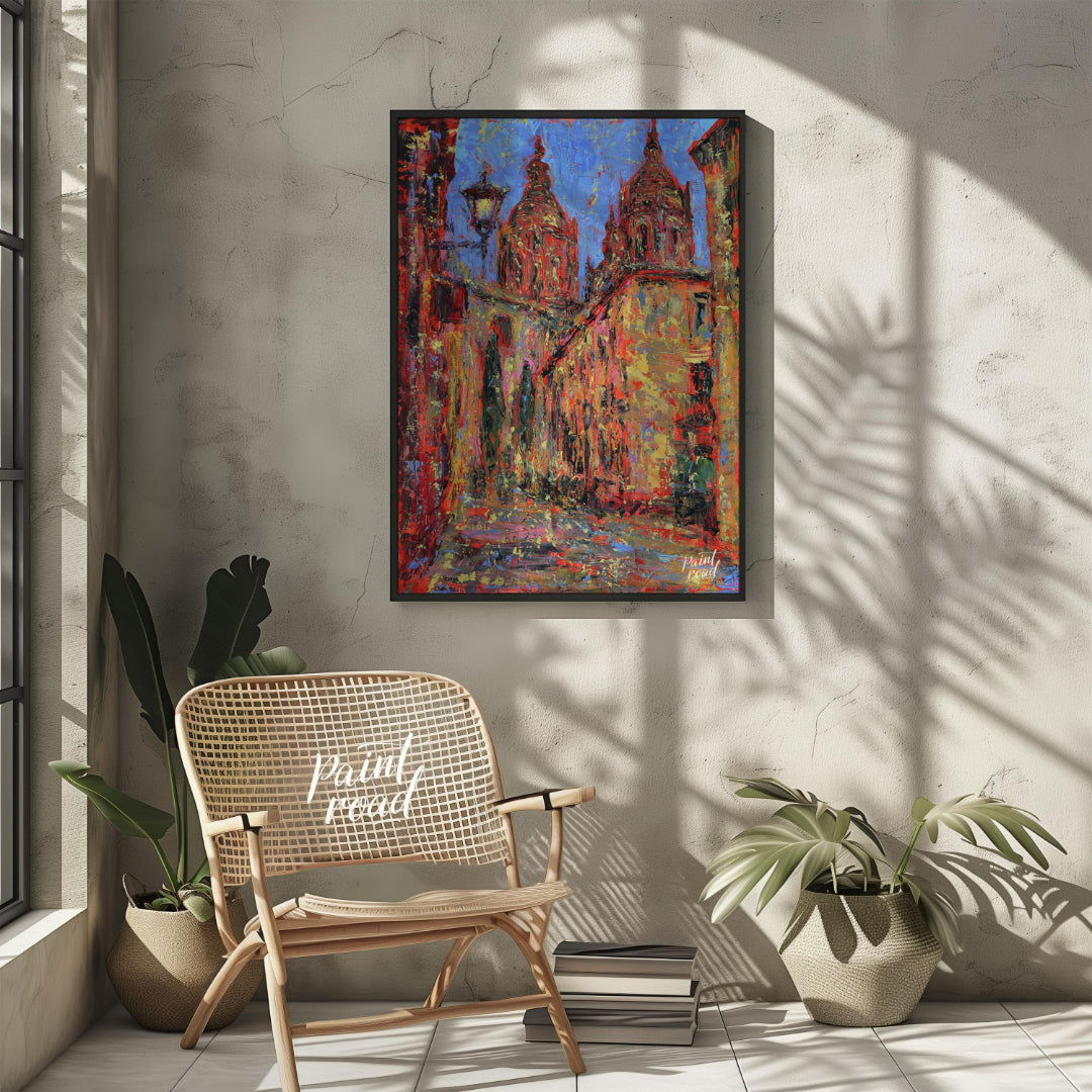 This painting captures a vibrant street scene in Salamanca, featuring the iconic spires of the city… for other