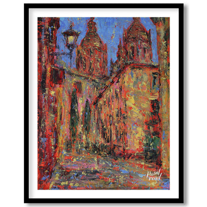 This painting captures a vibrant street scene in Salamanca, featuring the iconic spires of the city… for room