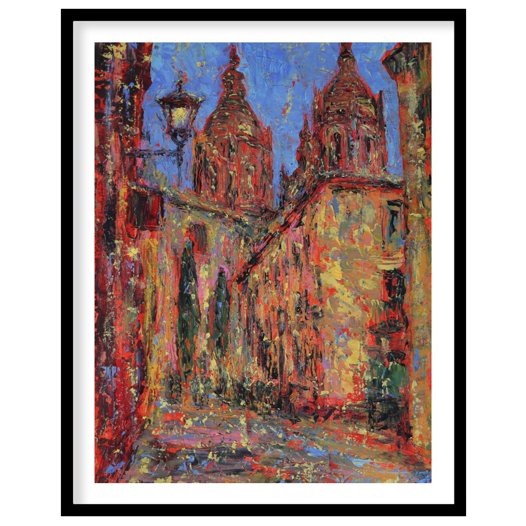 This painting captures a vibrant street scene in Salamanca, featuring the iconic spires of the city… for room