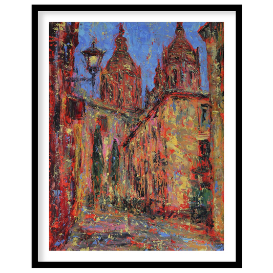 This painting captures a vibrant street scene in Salamanca, featuring the iconic spires of the city… for room