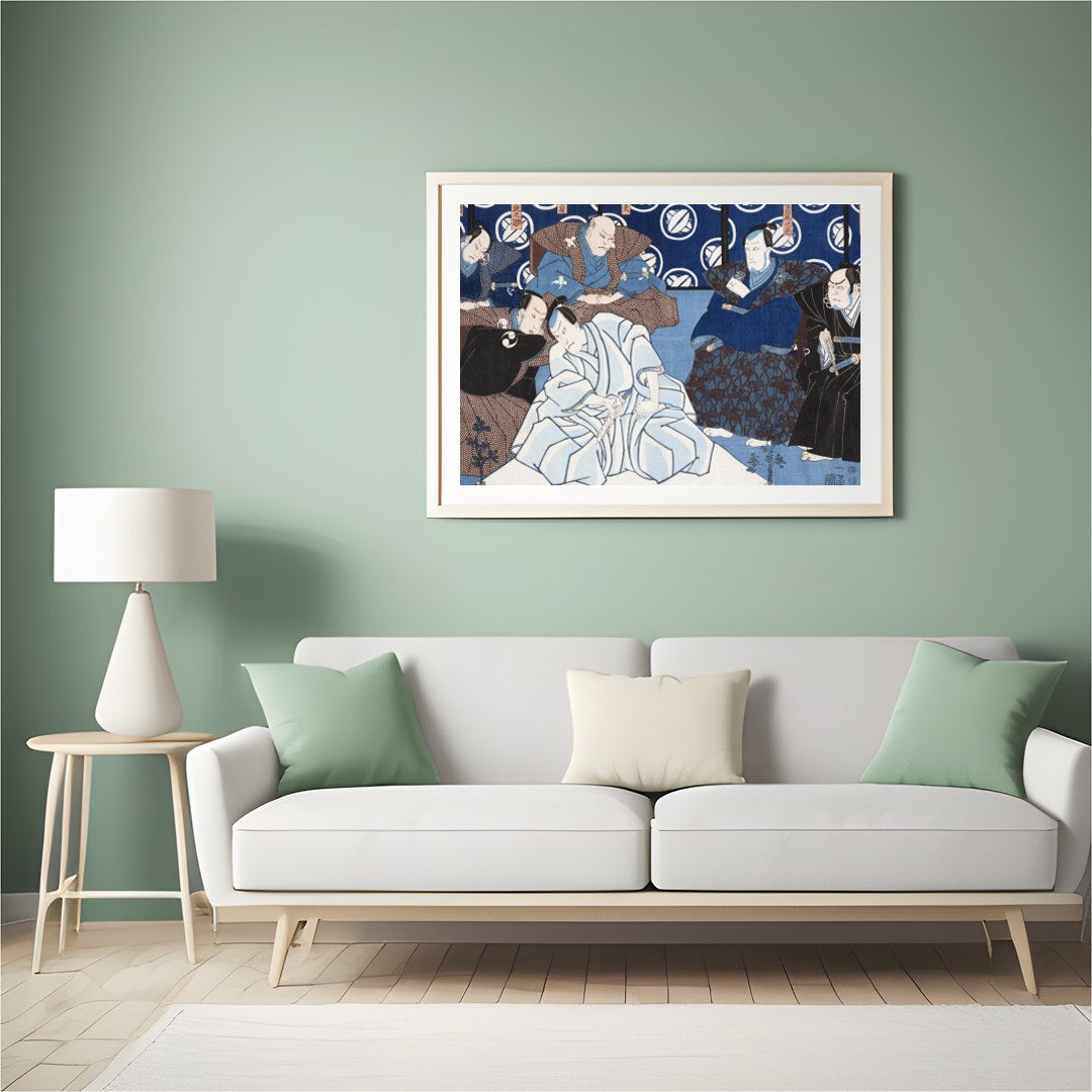 Immerse yourself in the serene elegance of this traditional Japanese ukiyo-e print. Featuring a for Hall