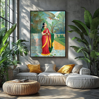 Immerse yourself in the timeless elegance of this traditional scene, where a serene woman dressed for Balcony