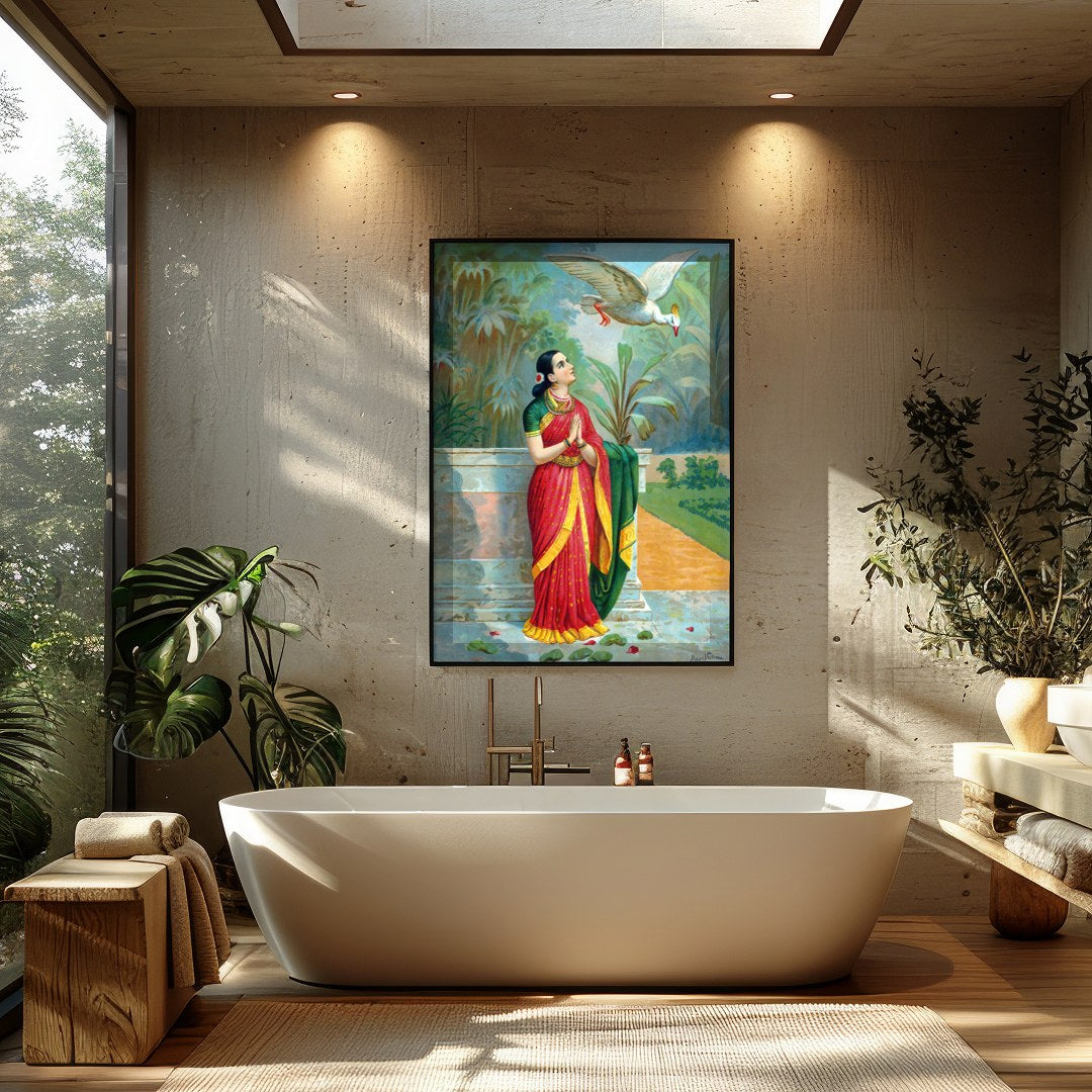 Immerse yourself in the timeless elegance of this traditional scene, where a serene woman dressed for Bathroom