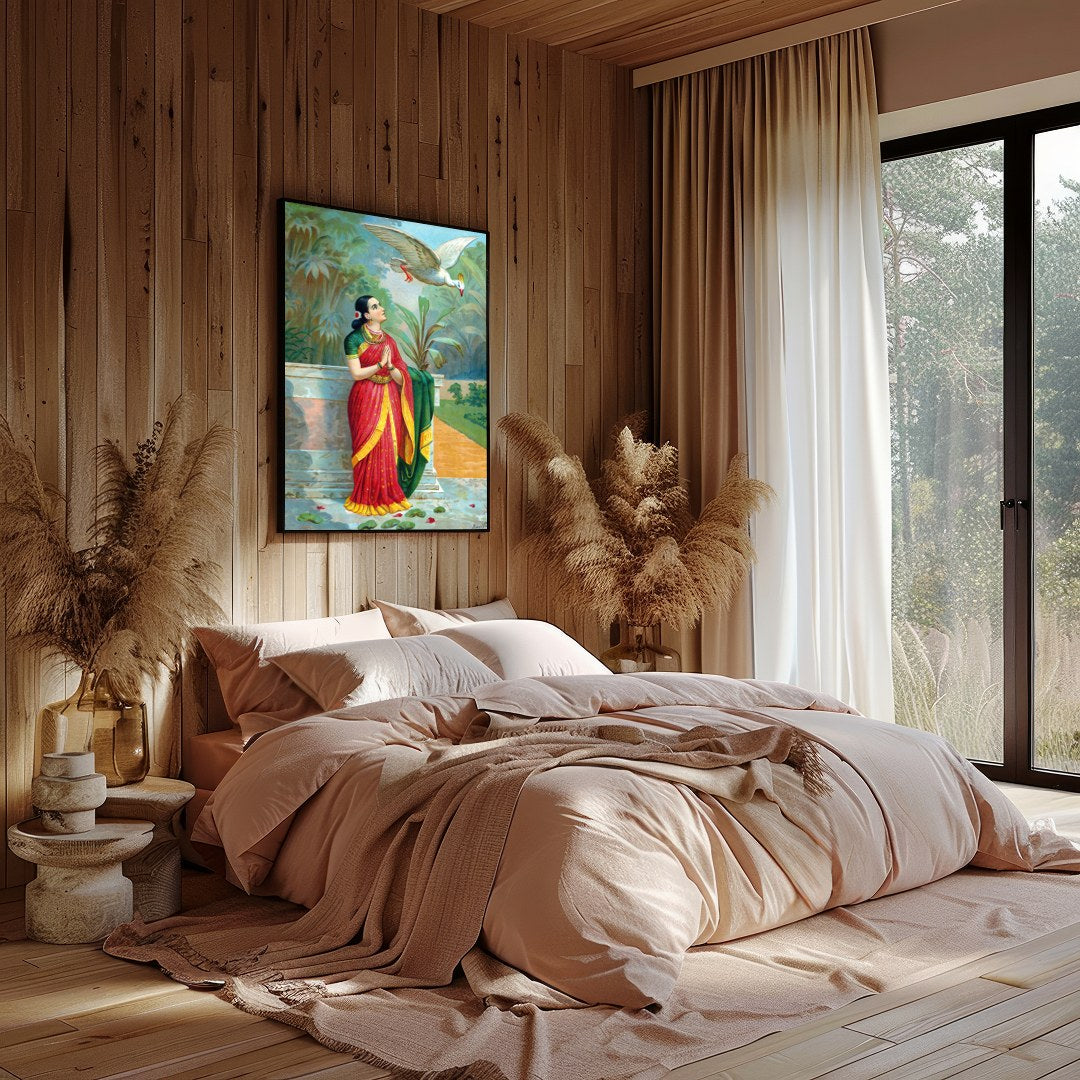 Immerse yourself in the timeless elegance of this traditional scene, where a serene woman dressed for Bedroom