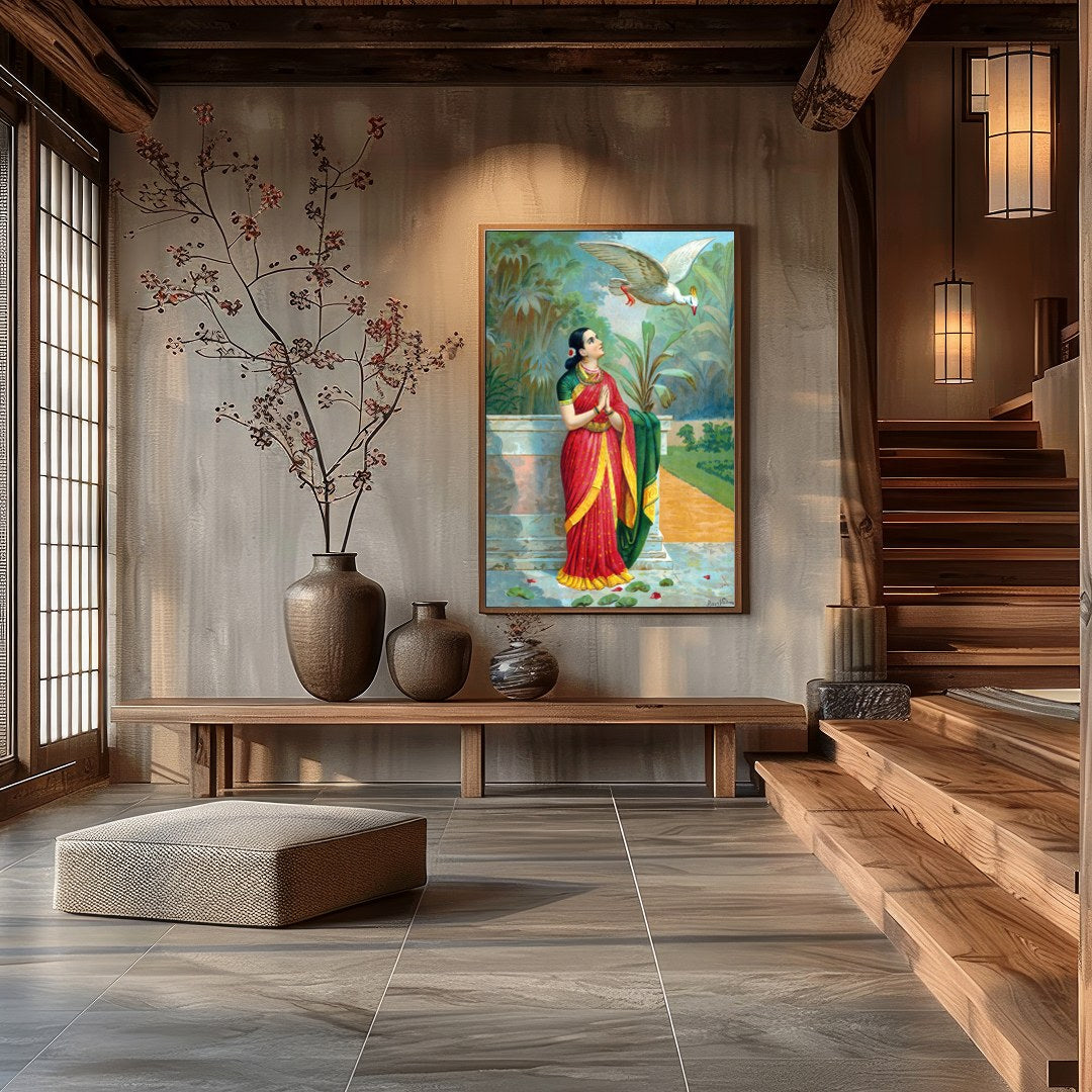 Immerse yourself in the timeless elegance of this traditional scene, where a serene woman dressed for Hall