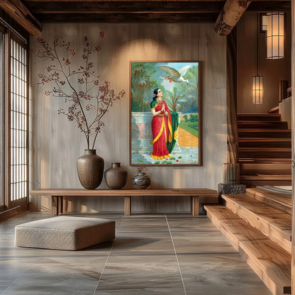 Immerse yourself in the timeless elegance of this traditional scene, where a serene woman dressed for Hall
