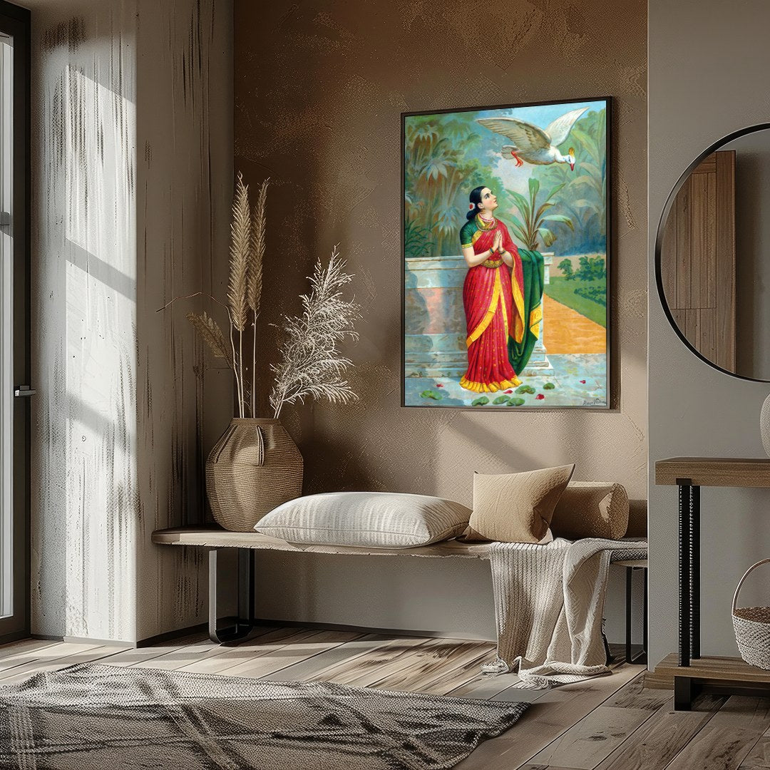 Immerse yourself in the timeless elegance of this traditional scene, where a serene woman dressed for home