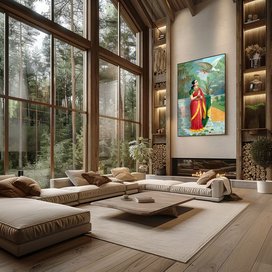 Immerse yourself in the timeless elegance of this traditional scene, where a serene woman dressed for Living Room