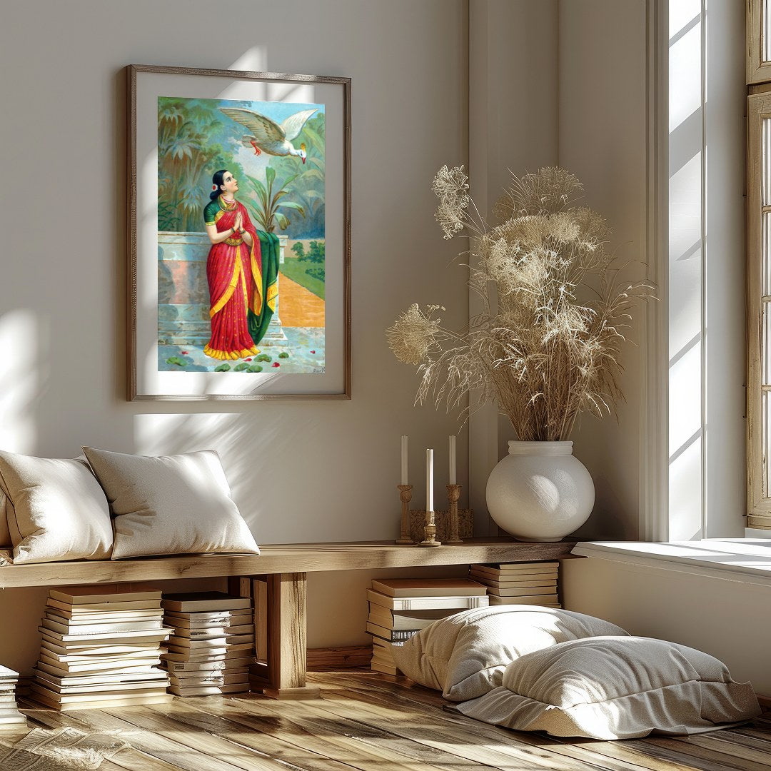 Immerse yourself in the timeless elegance of this traditional scene, where a serene woman dressed for loft