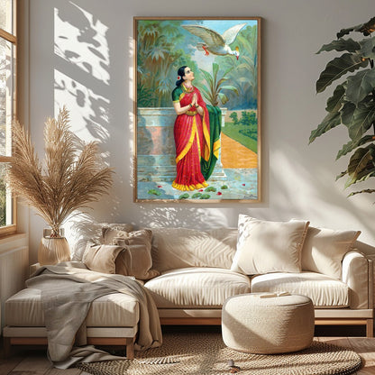 Immerse yourself in the timeless elegance of this traditional scene, where a serene woman dressed for Sitting Area