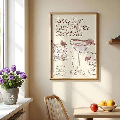 A charming hand-drawn illustration featuring three refreshing cocktails, each with its own unique f… for kitchen