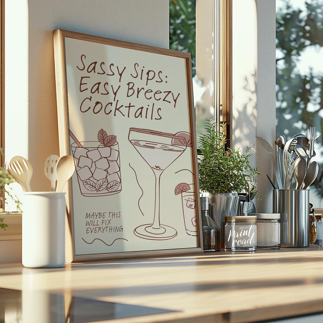 A charming hand-drawn illustration featuring three refreshing cocktails, each with its own unique f… for kitchen