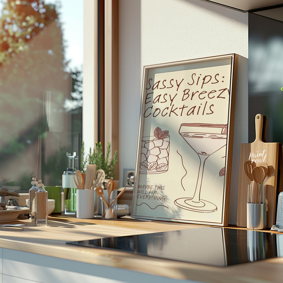 A charming hand-drawn illustration featuring three refreshing cocktails, each with its own unique f… for kitchen