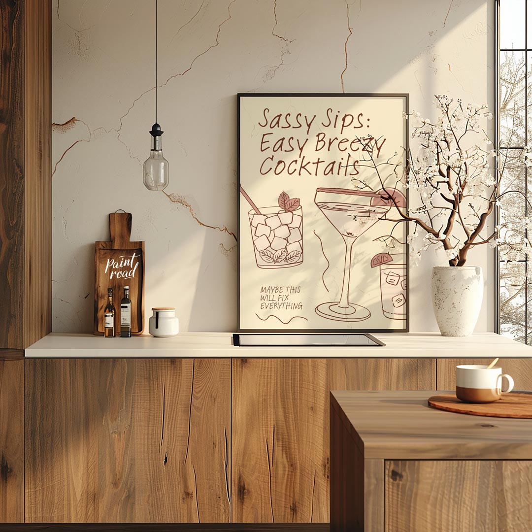 A charming hand-drawn illustration featuring three refreshing cocktails, each with its own unique f… for kitchen