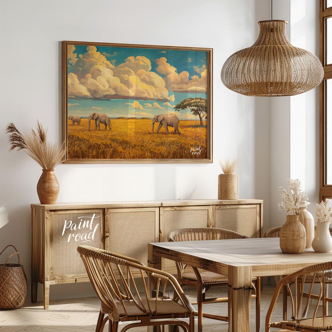 This grand and sweeping artwork depicts a family of elephants traversing a vast, sun-drenched savan… for dining room